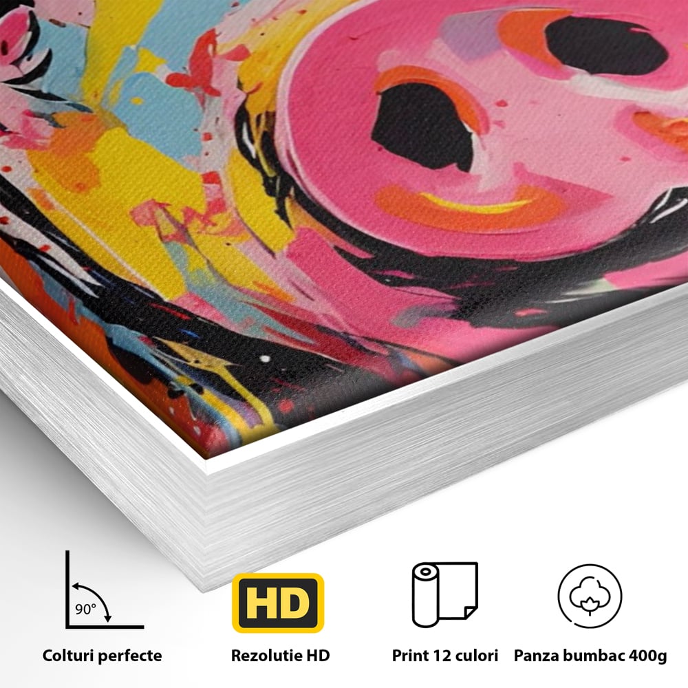 Detaliu al suprafetei: tablou canvas portret de porc colorat, in rama de aluminiu argintiu